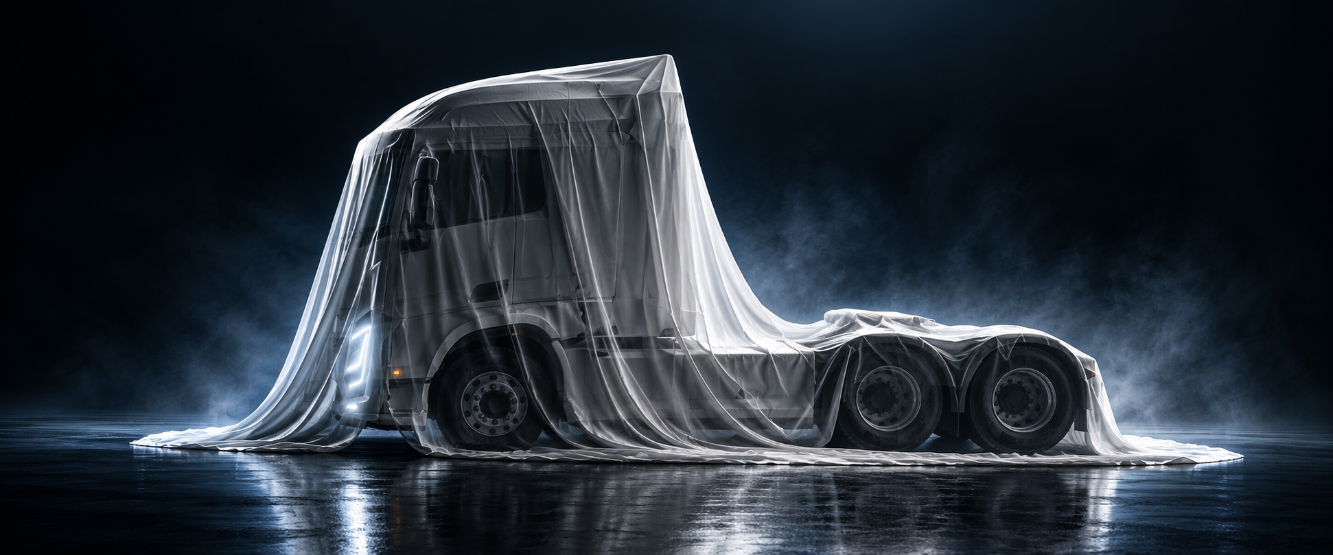 Camion électrique lourd sous une bâche, éclairé en studio