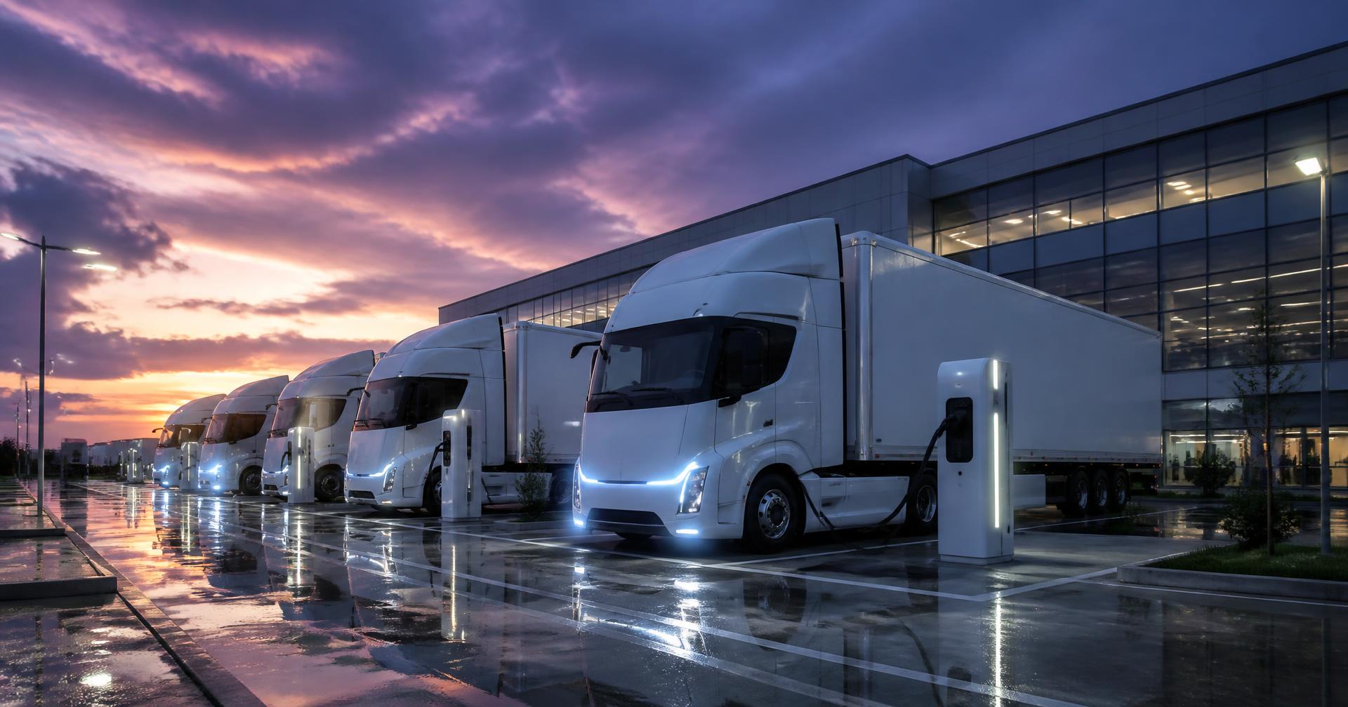 Flotte de camions électriques en recharge au crépuscule devant un terminal logistique